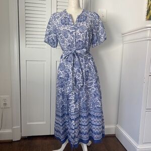 Talbot's Blue & White Floral Cotton and Linen Belted Shirt Dress- size 4 Women's
